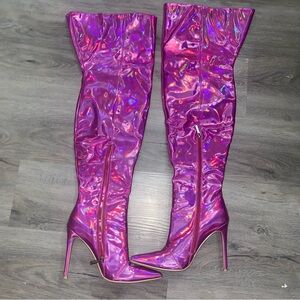 Pink Holographic Cape Robbin Thigh High Boots